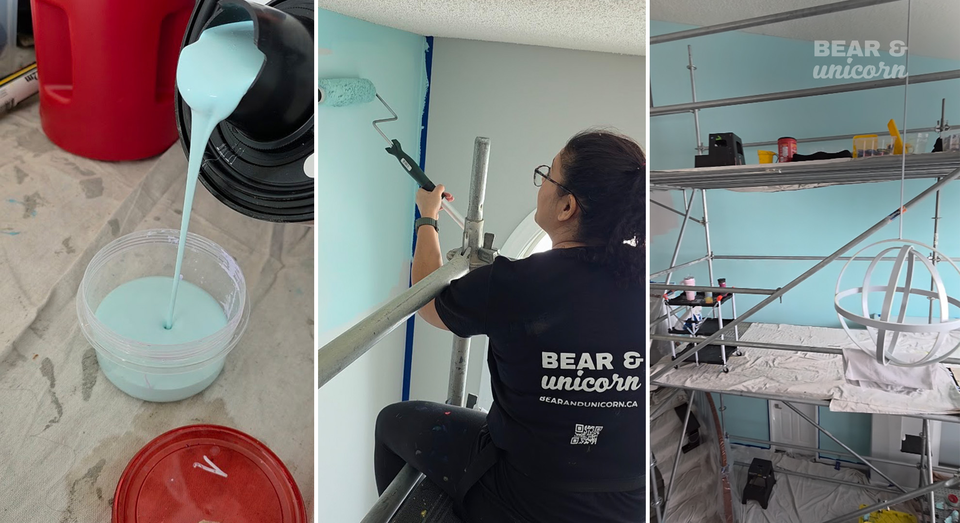 Applying the first background layer of custom light teal paint onto a massive 20-foot staircase feature wall in a Calgary home. Applying the first background layer of custom light teal paint onto a massive 20-foot staircase feature wall in a Calgary home.