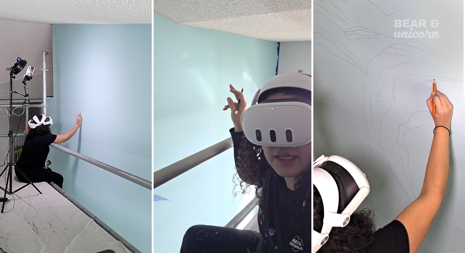 Using Virtual Reality (VR) headset technology to project, scale, and pencil-trace custom abstract design guidelines onto a 20-foot high staircase wall. Using Virtual Reality (VR) headset technology to project, scale, and pencil-trace custom abstract design guidelines onto a 20-foot high staircase wall.