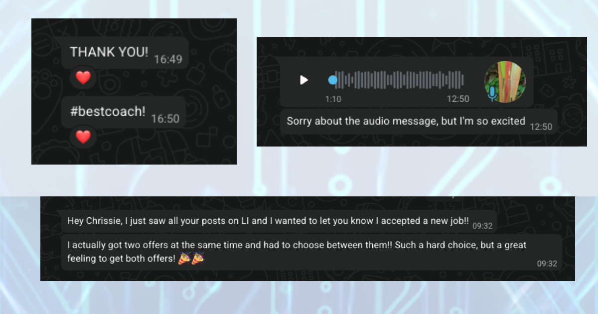 Messages from clients: thank you, and a client who received two offers at once