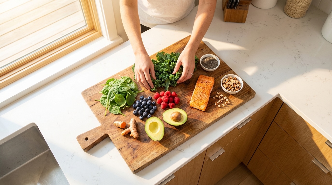 Fresh whole-food ingredients laid out for a rainbow meal