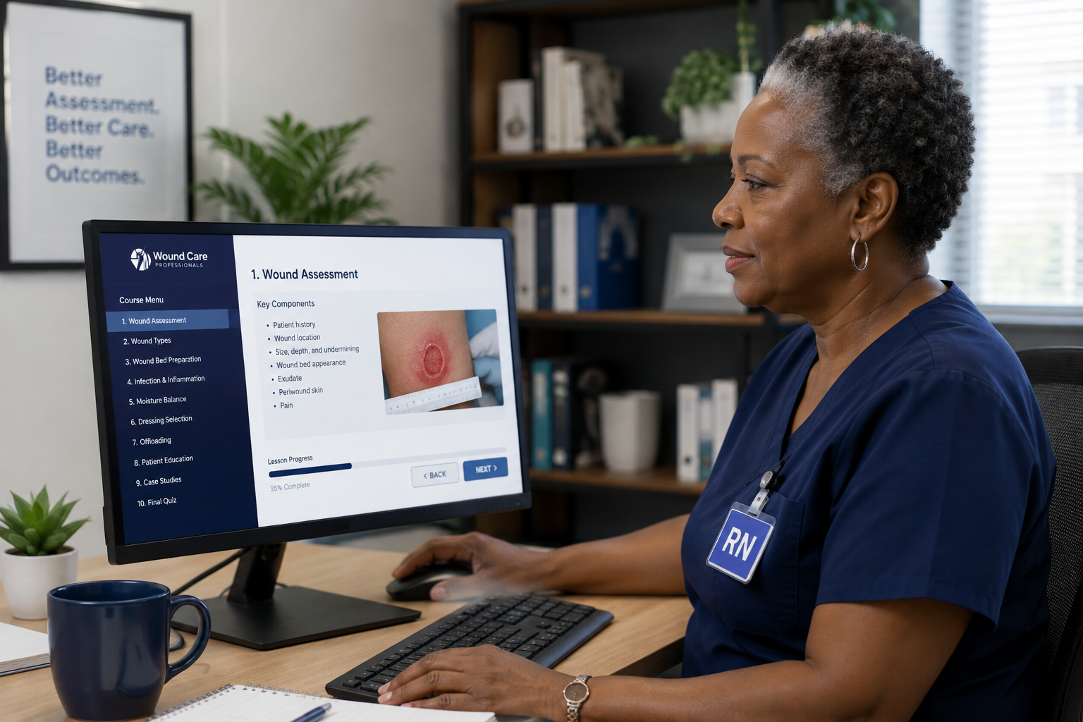 Nurse taking an online course at a computer