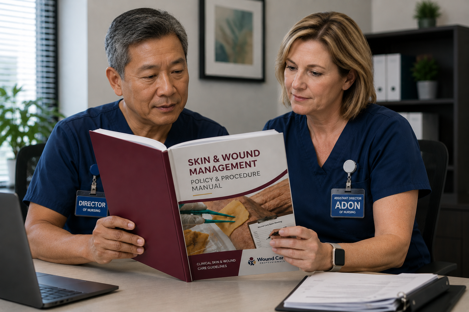 Two clinicians reviewing a policy and procedure manual