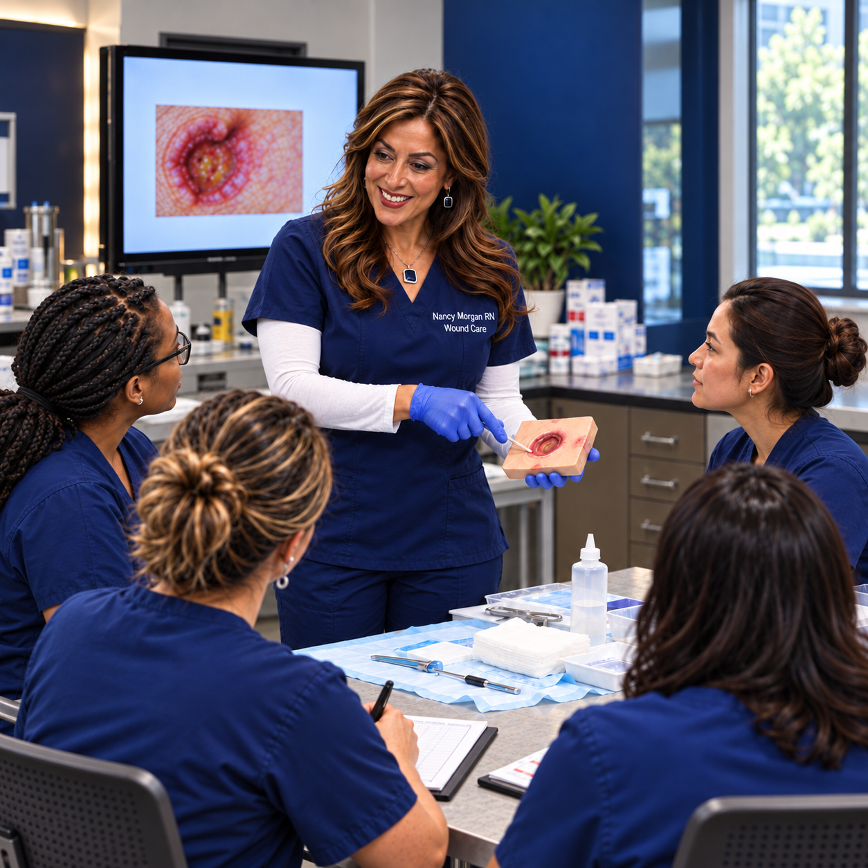 Nancy Morgan, RN, teaching wound care clinicians using a wound care model