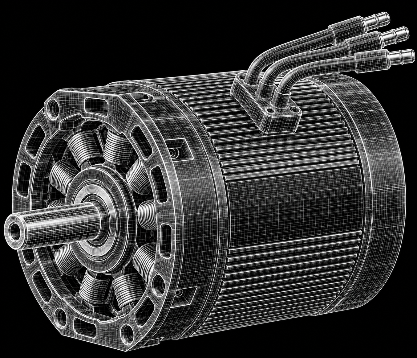 Conceptual electric motor illustration in white lines on a black background
