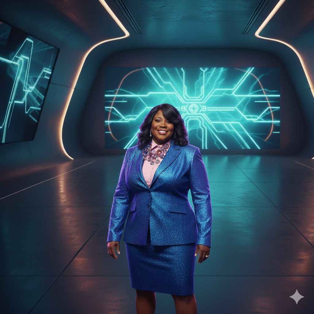 Bianca Jaye Shelby, poised in a modern, luminous setting, exuding confidence and visionary energy, dressed in a tailored indigo suit with rose gold accents, looking directly at the viewer with a magnetic, empowering presence.