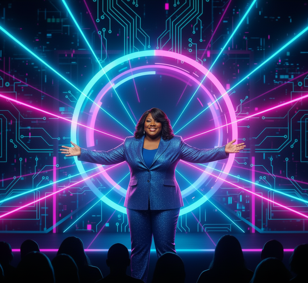 Bianca Jaye Shelby delivering a keynote on a grand stage, illuminated by magenta and teal spotlights, audience captivated, backdrop features abstract AI motifs, conveying authority and inspiration.