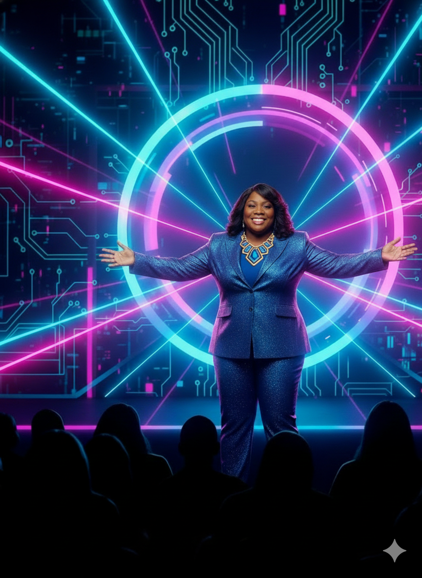 Bianca Jaye Shelby delivering a keynote on a grand stage, illuminated by magenta and teal spotlights, audience captivated, backdrop features abstract AI motifs, conveying authority and inspiration.