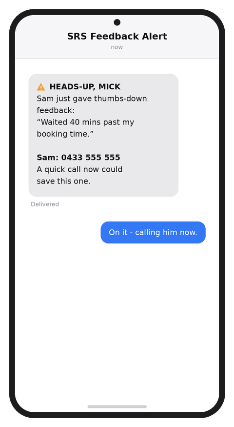 Owner receiving a private feedback alert
