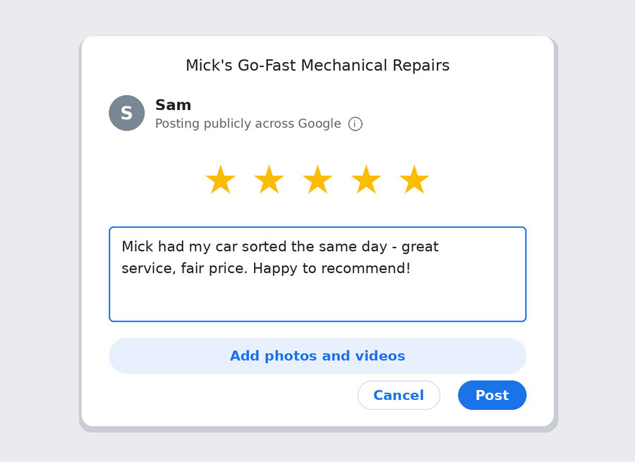 A five-star Google review being posted