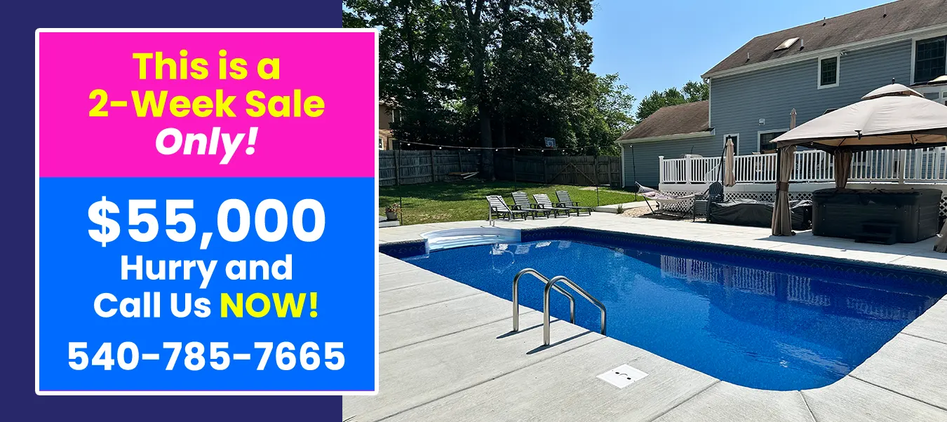 16x32 vinyl liner swimming pool with concrete deck and water features, showcasing a $55K pool special built by AAA Pools for a residential backyard.