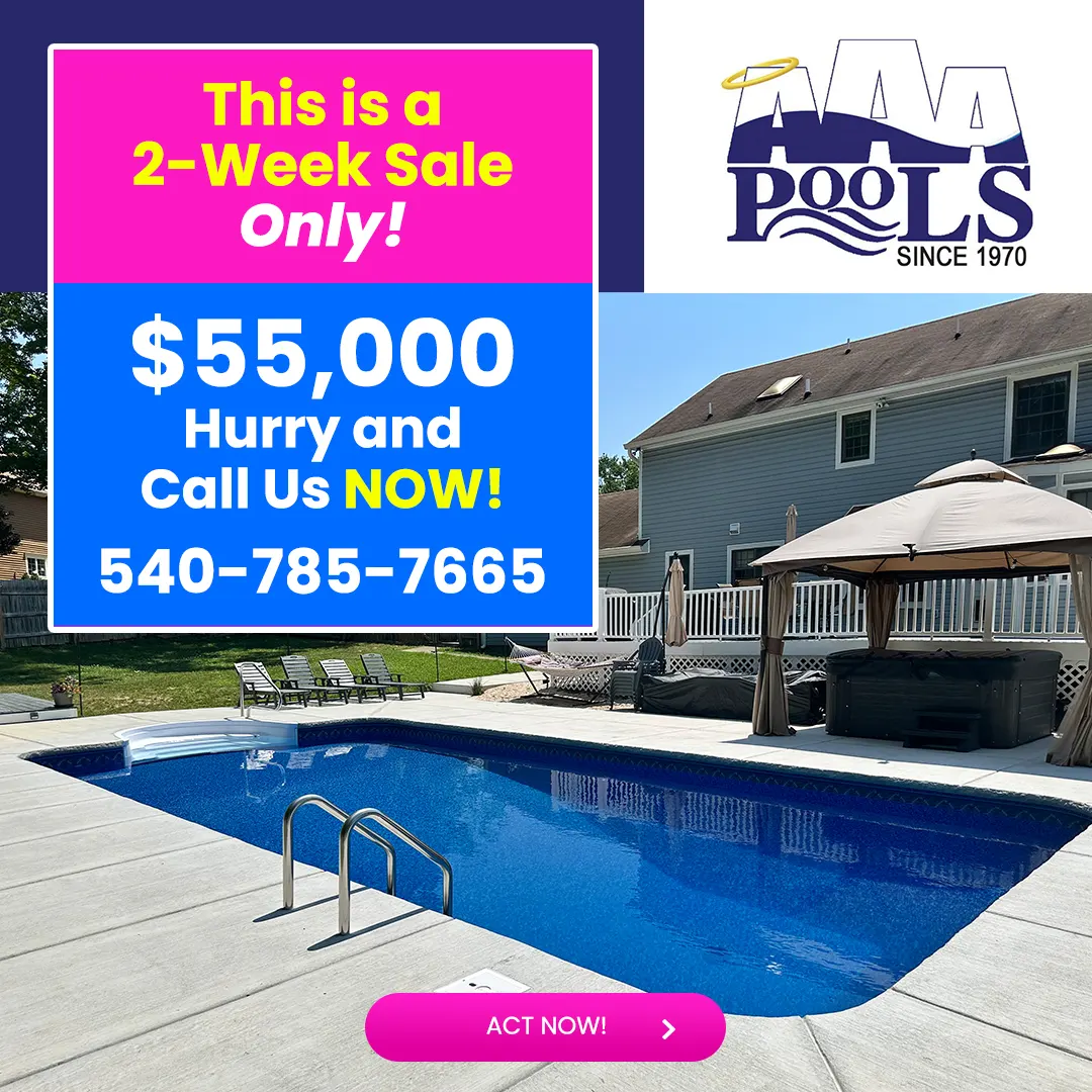 16x32 vinyl liner swimming pool with concrete deck and water features, showcasing a $55K pool special built by AAA Pools for a residential backyard.