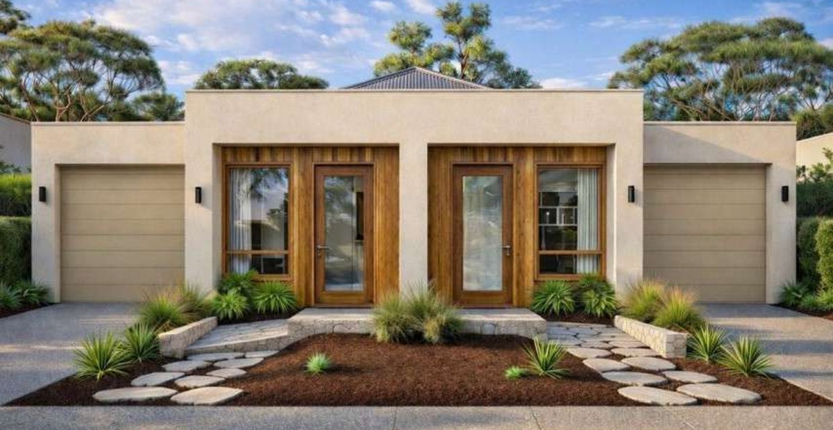 Artist's render of a single-storey new-build duplex from Positive Income Properties, two dwellings under one roofline