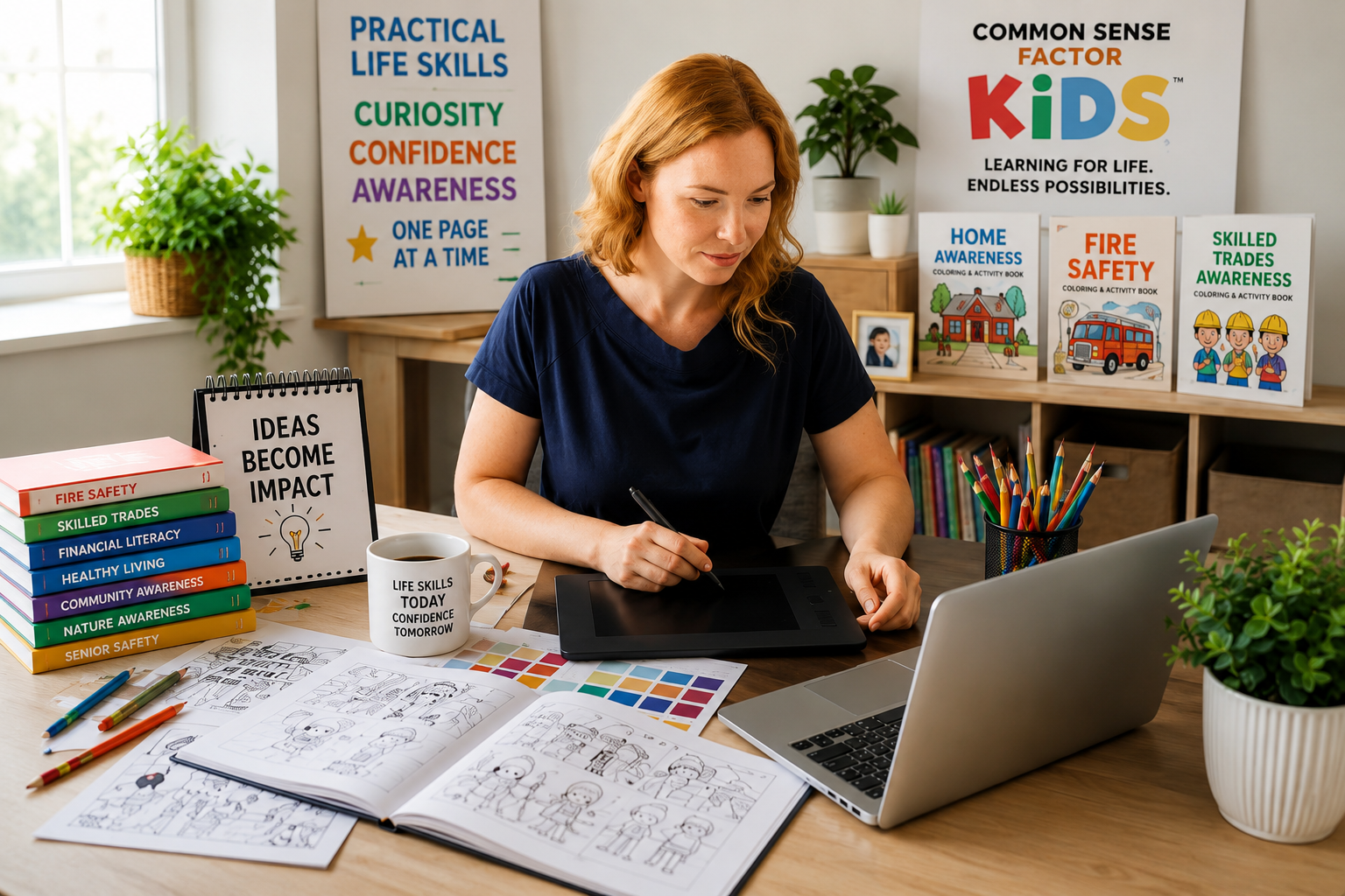 Designer creating Common Sense Factor Kids educational colouring books focused on practical life skills, home awareness, fire safety, and family learning. Designer creating Common Sense Factor Kids educational colouring books focused on practical life skills, home awareness, fire safety, and family learning.