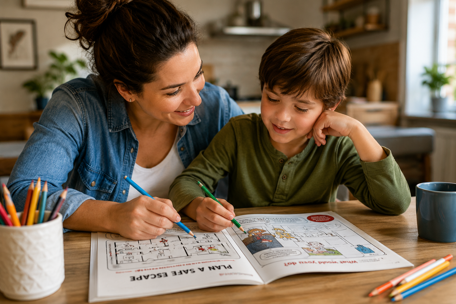Parent and child completing a learning activity together at home while talking and colouring.