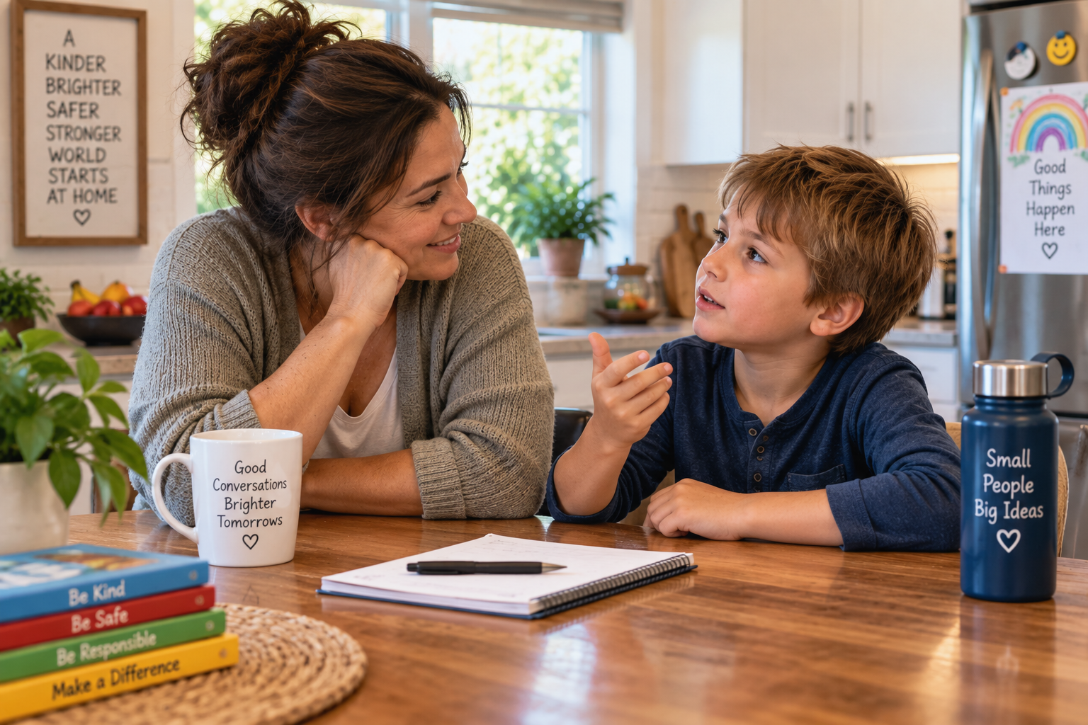Parent/caregiver at a kitchen table or counter talking naturally with a child around age 6–9. Child is engaged and thinking, not posed.