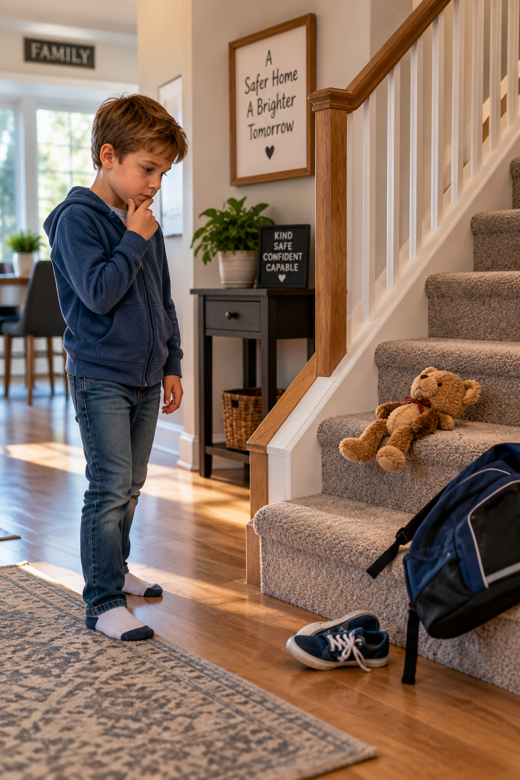 Child spotting toys and a backpack left on the stairs while learning about home safety and common sense.