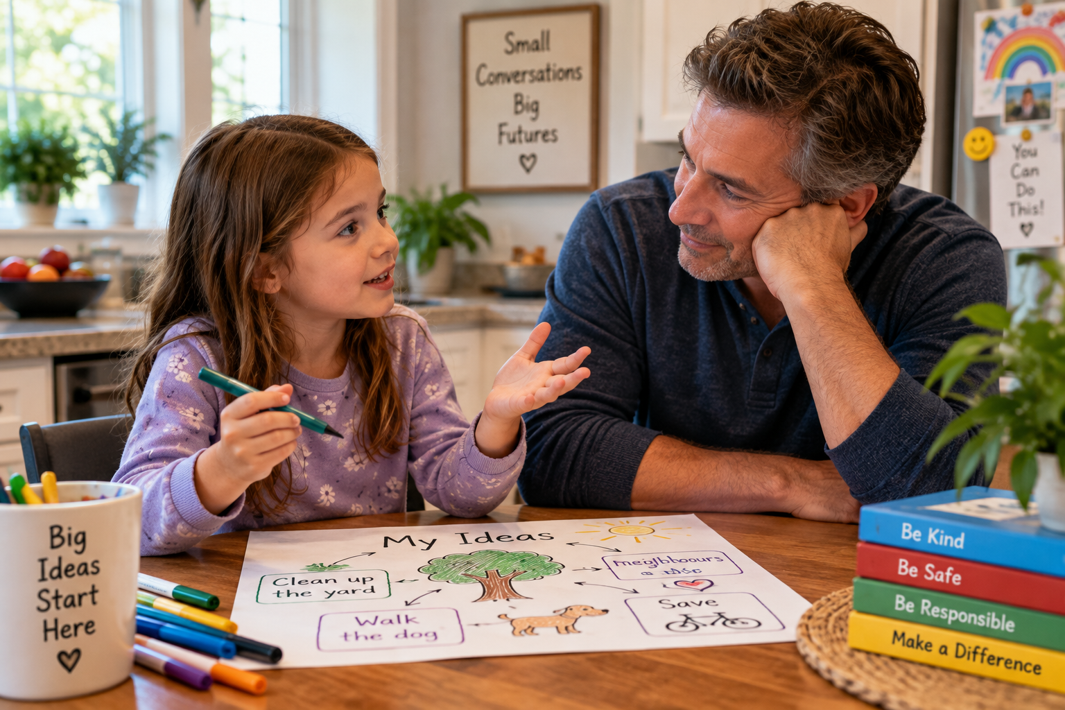 Parent listening as a child explains her ideas during an everyday conversation about common sense and practical life skills