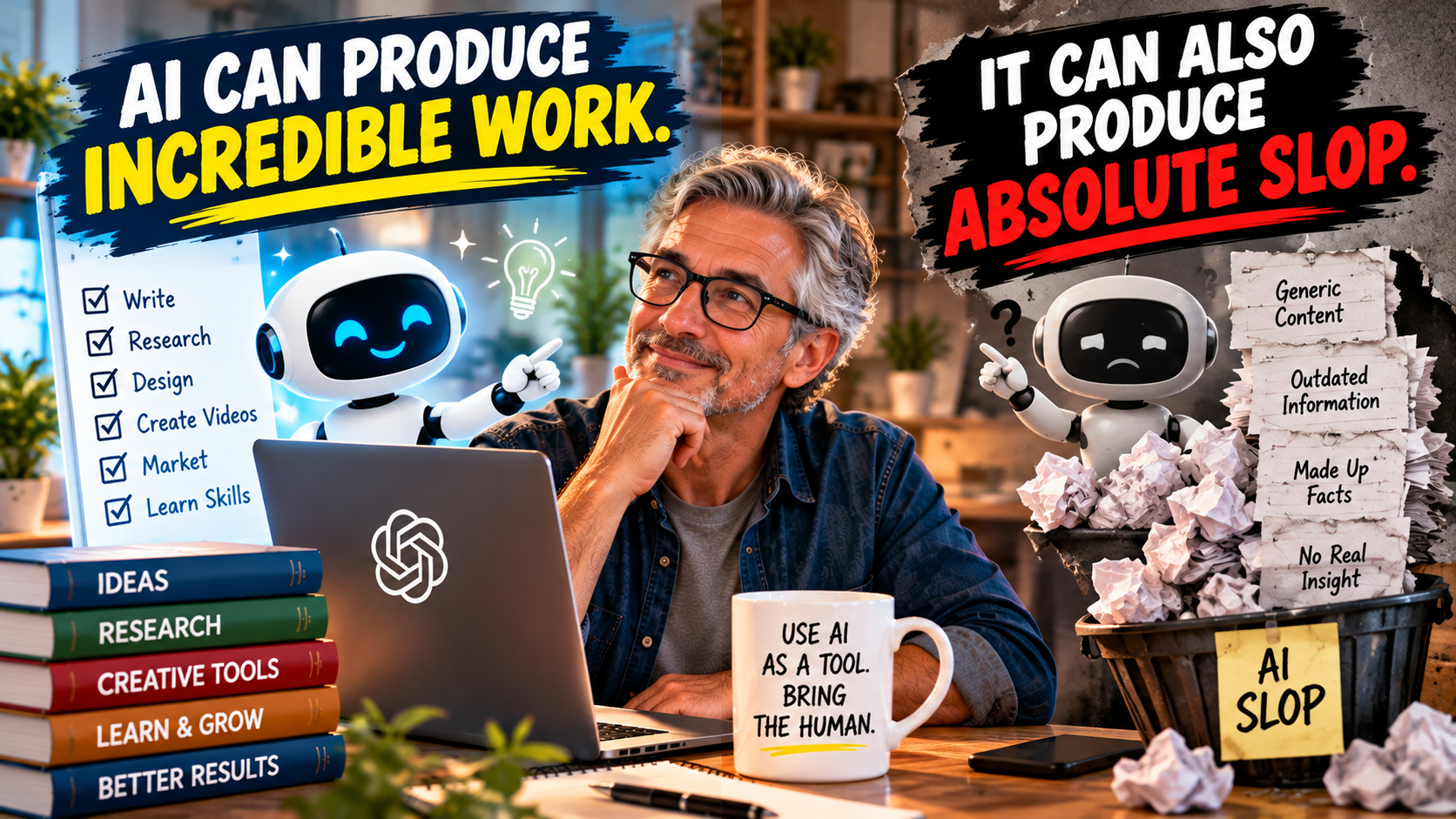 AI used as a tool for writing, research, design and creativity, contrasting thoughtful human-guided AI work with generic AI-generated slop.