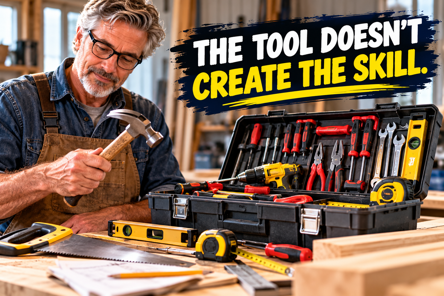 Experienced tradesperson using a hammer beside a fully equipped toolbox, illustrating that tools improve efficiency but skill, knowledge and judgment still come from the person using them.