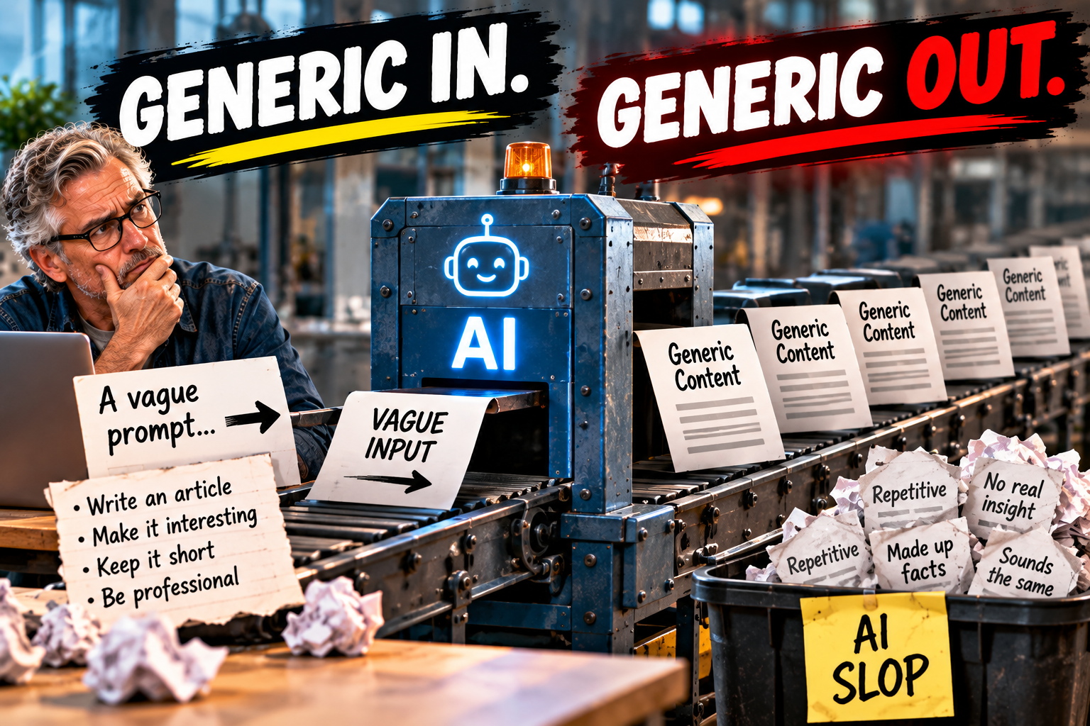 AI machine turning a vague prompt into repetitive generic content, illustrating how poor input and lack of human judgment can lead to low-quality AI-generated results.