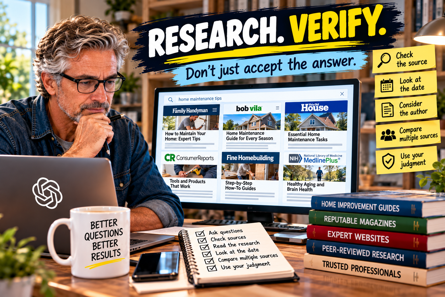 Person using AI alongside multiple research sources to verify information, compare evidence and apply human judgment before accepting an AI-generated answer.