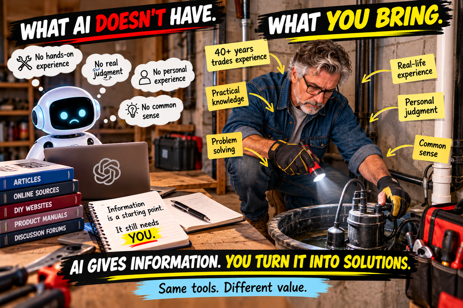 Experienced tradesperson using practical knowledge and judgment to solve a home maintenance problem, showing how human experience adds value to information provided by AI.
