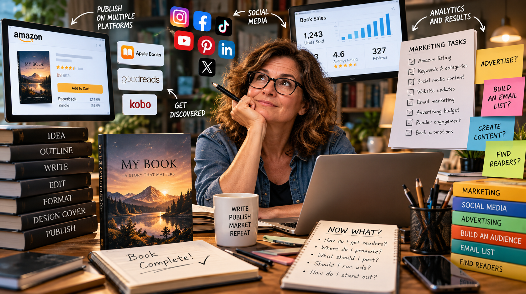 Indie author marketing a self-published book using Amazon, social media, email marketing, advertising and online publishing platforms.