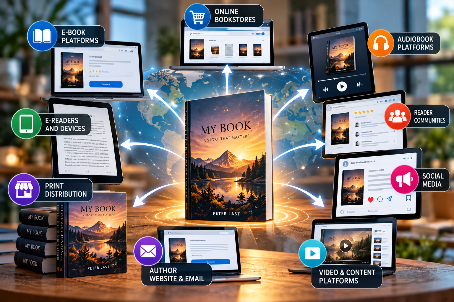 Indie author book distributed through e-book platforms, online bookstores, print distribution, audiobooks, reader communities, social media and author websites.
