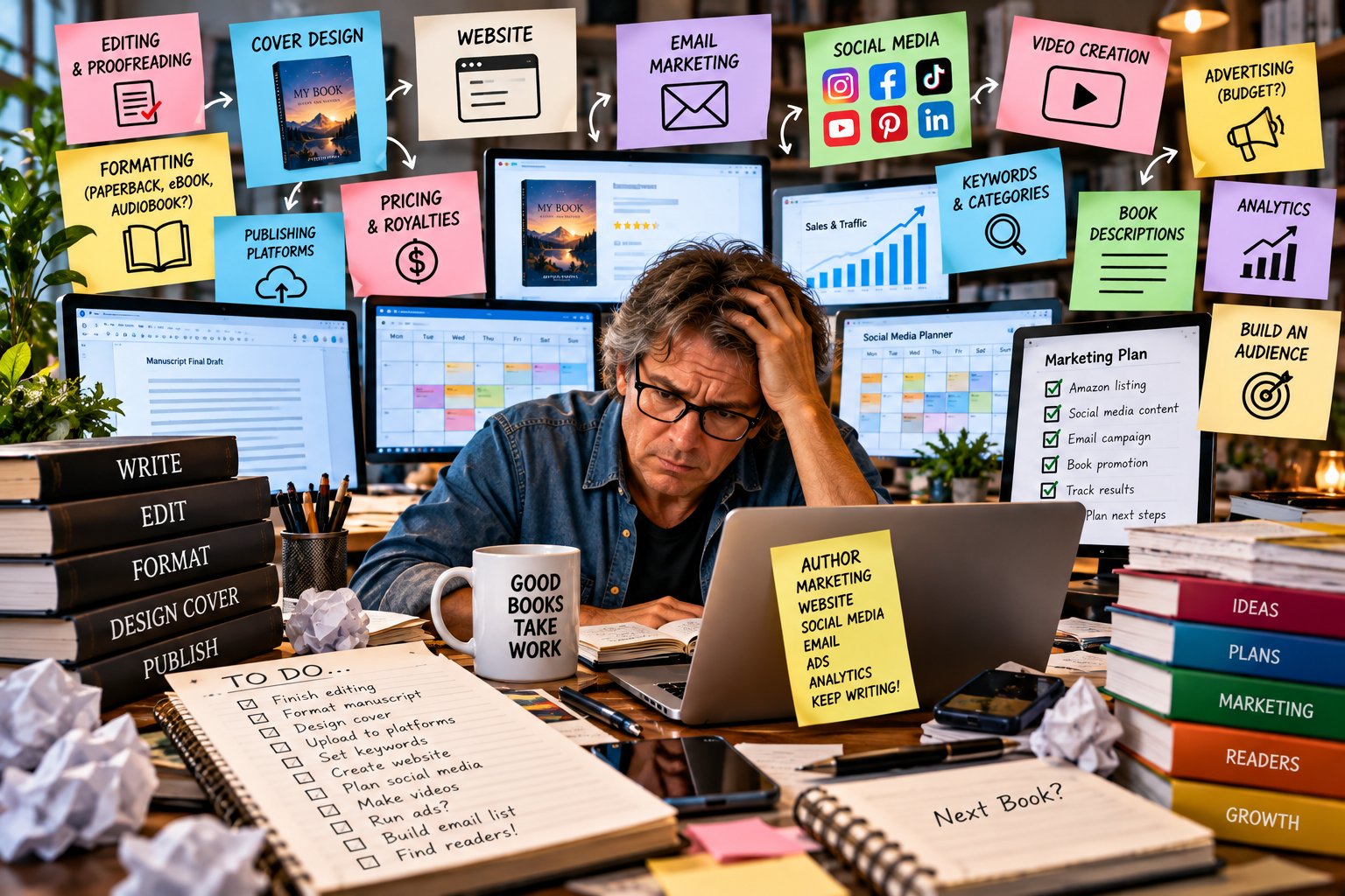 Overwhelmed indie author managing editing, book formatting, website, email marketing, social media, advertising, keywords, analytics and audience building.