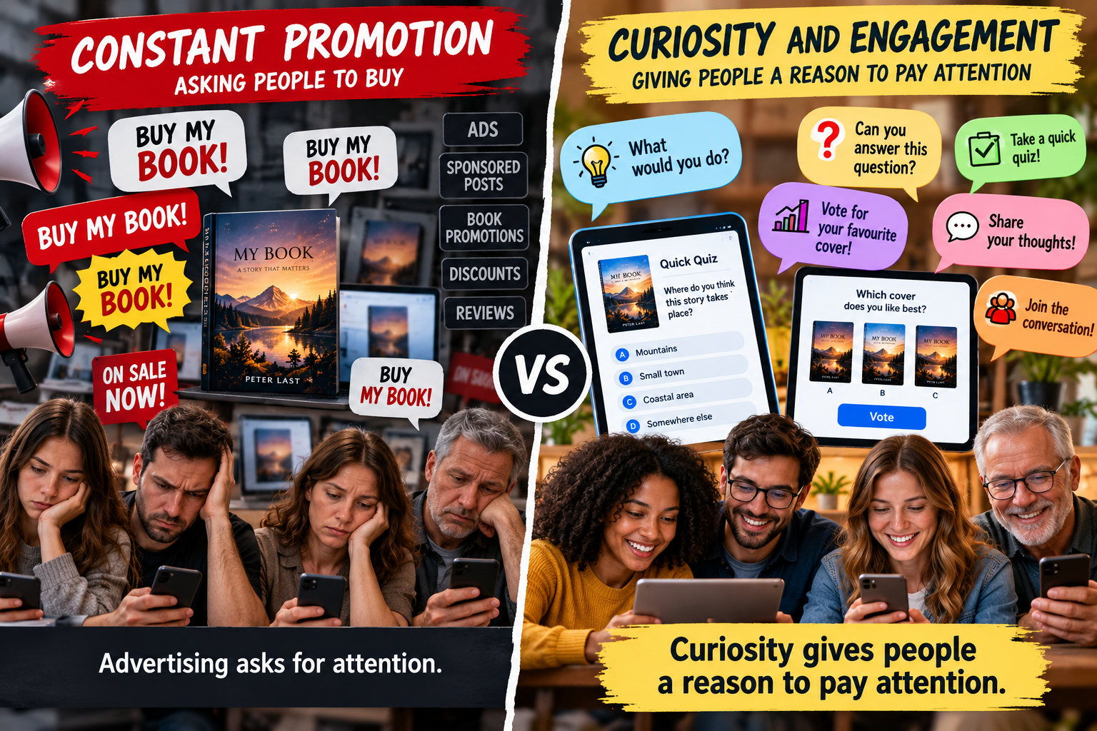 Indie author marketing comparison showing constant book promotion versus curiosity marketing using quizzes, questions, cover voting and reader conversations.