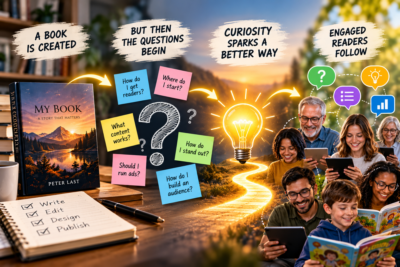 Indie author journey from publishing a book and asking marketing questions to creating curiosity and connecting with engaged readers.