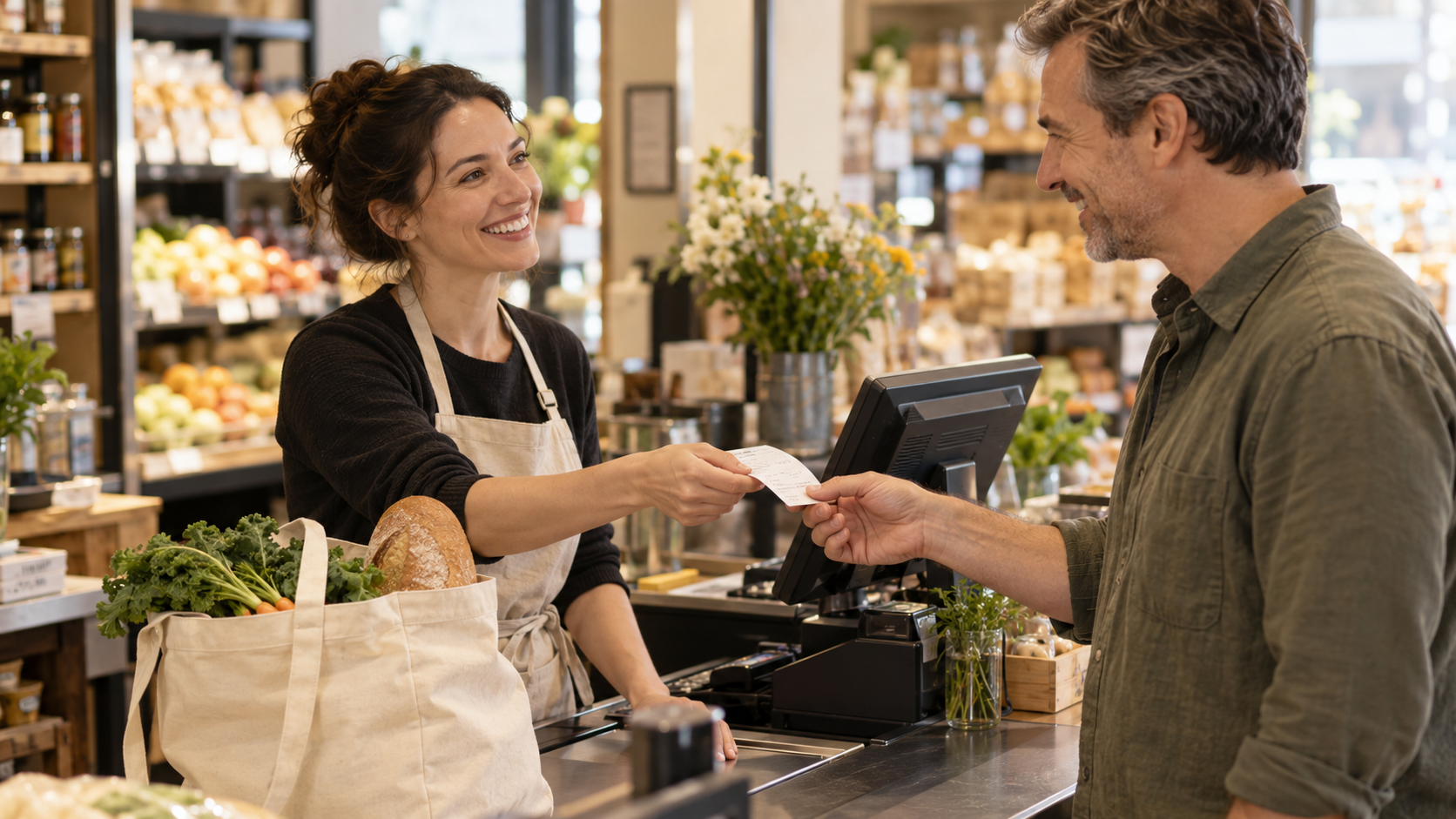 A smiling grocery store clerk hands a receipt to a customer across the checkout counter, with a reusable bag of groceries nearby.