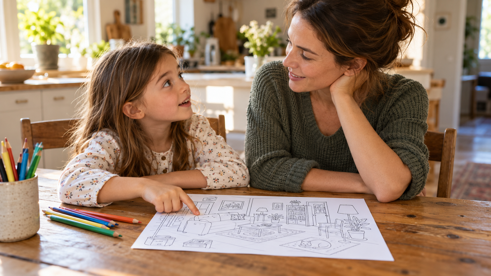 A child points to a home-awareness colouring page while a parent listens, with coloured pencils on the kitchen table.