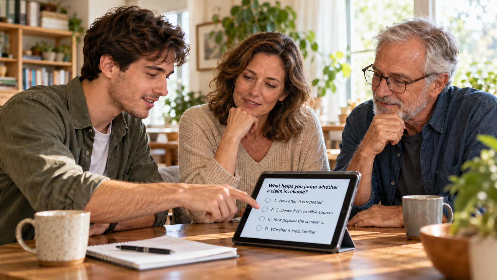 Three adults of different ages explore a quiz on a tablet, with one pointing to the screen while the others look on thoughtfully.