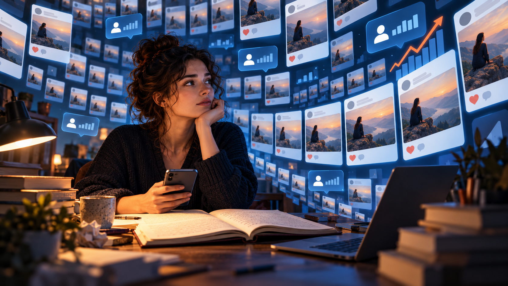 Self-published author surrounded by repeated social media posts and follower charts while reviewing a manuscript.
