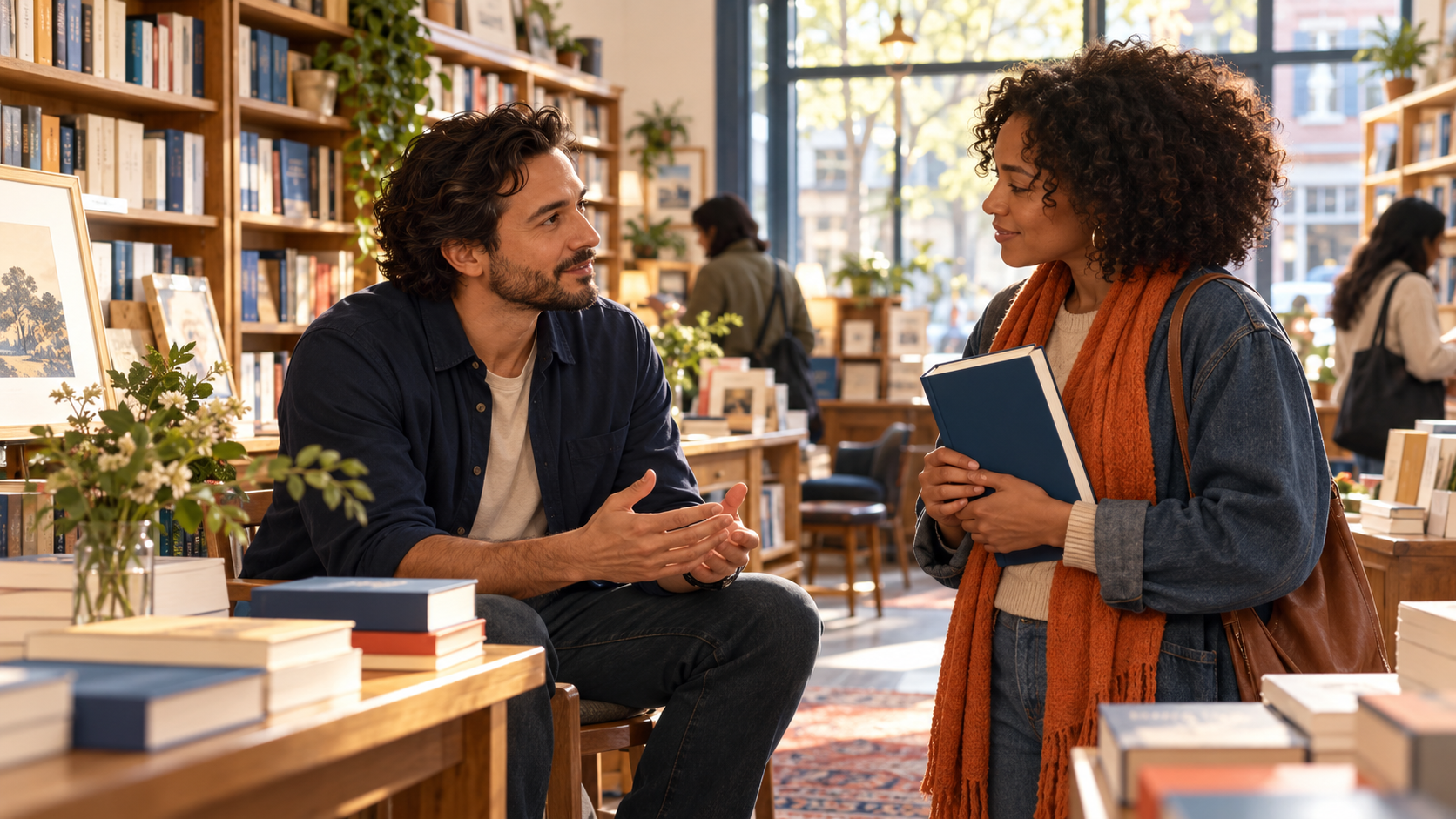 Independent author having a genuine conversation with a reader holding a book in a welcoming local bookstore.