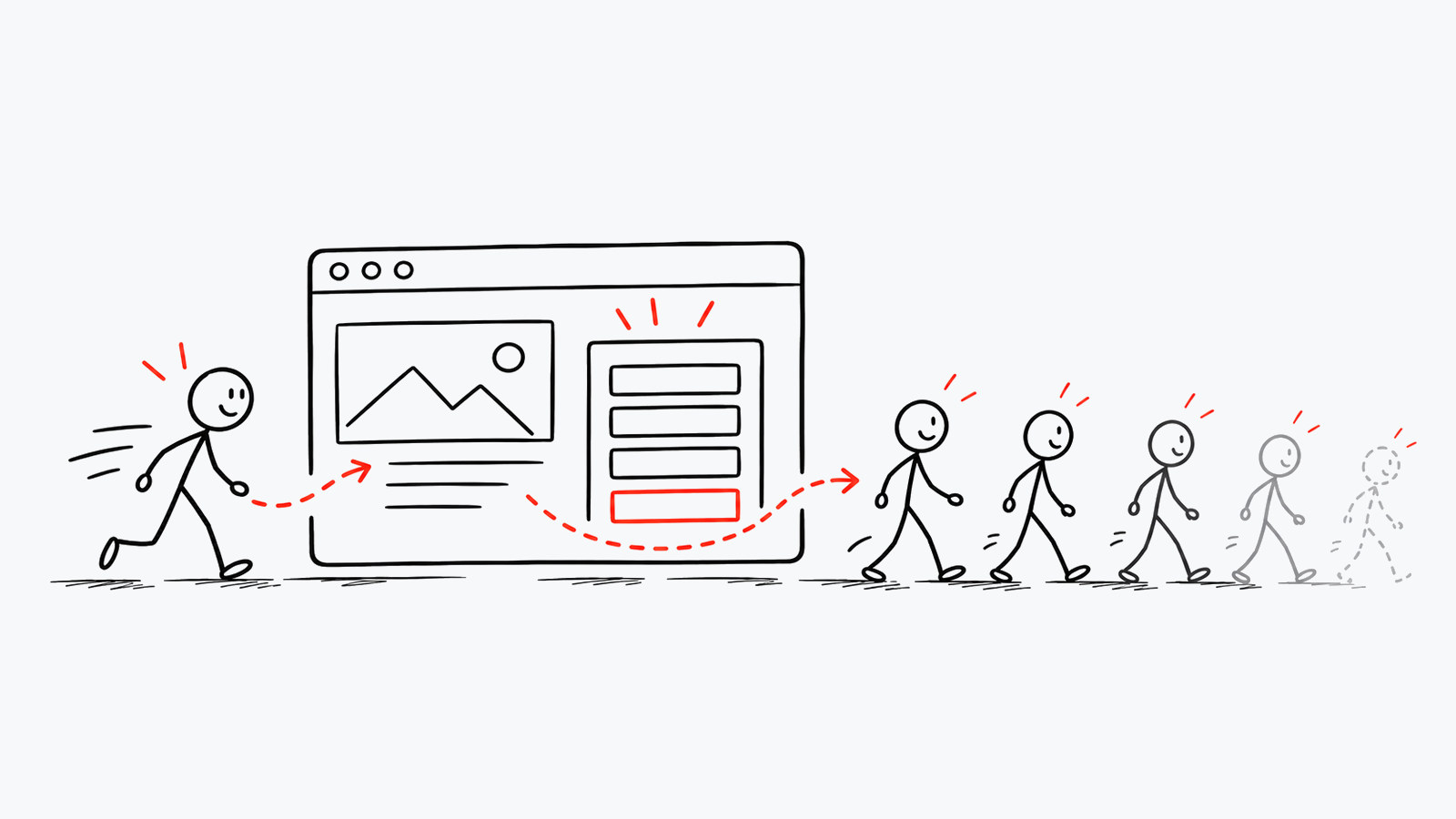Sketch of a visitor walking past a website's sign-up form, followed by a line of other visitors fading away.