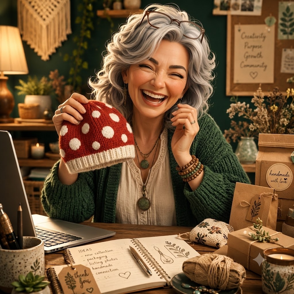 Samantha laughing, holding a handmade mushroom hat