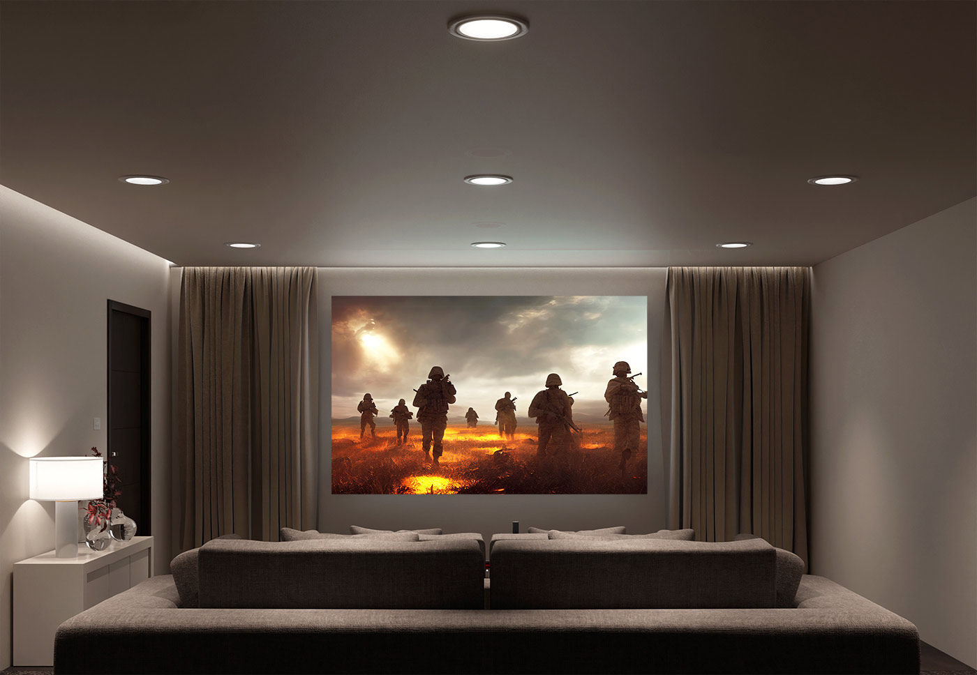 Large indoor LED screen displaying sports content in a bright, open luxury living space
