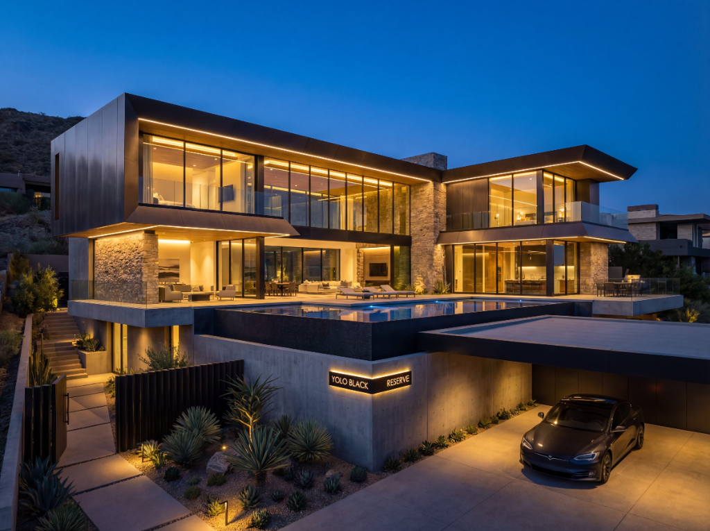 Luxury estate architecture featuring integrated custom signature installations