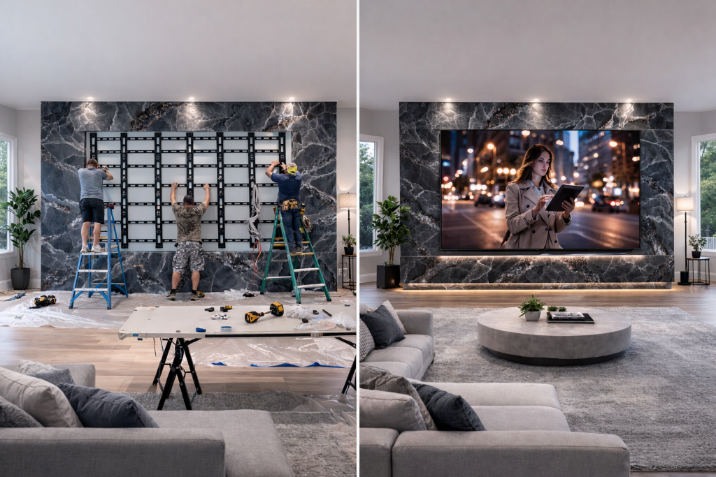 YOLO TV 190 inch Wall Mount Cabinet Installation System Process Layout