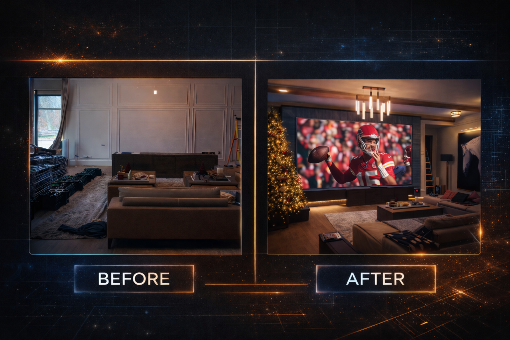YOLO TV 217 inch Before & After Custom Electrical Layout Integration