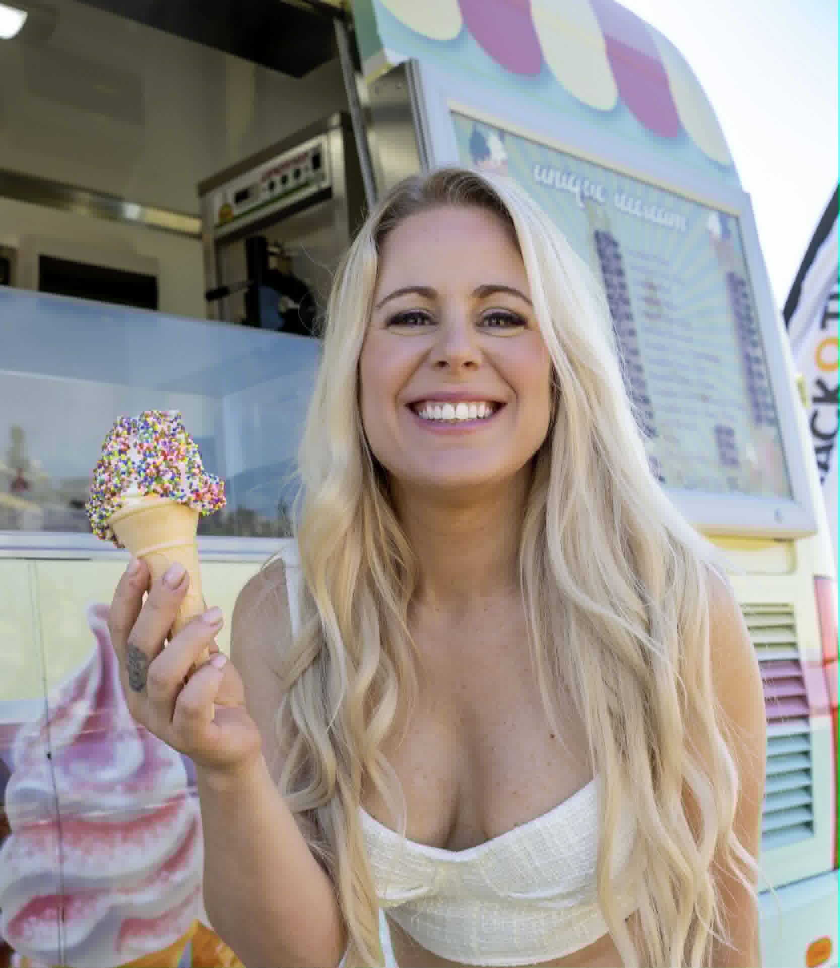 Francie Jones with ice cream in a white top