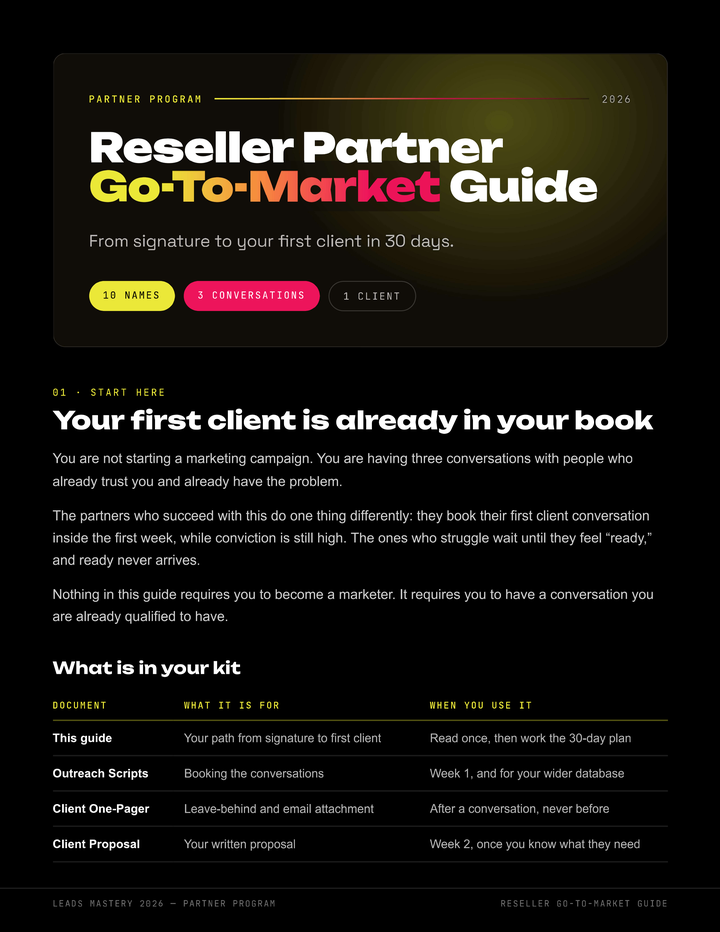 Page one of the Reseller Partner Go-To-Market Guide: the title, the line from signature to your first client in 30 days, and the ten names, three conversations, one client method.