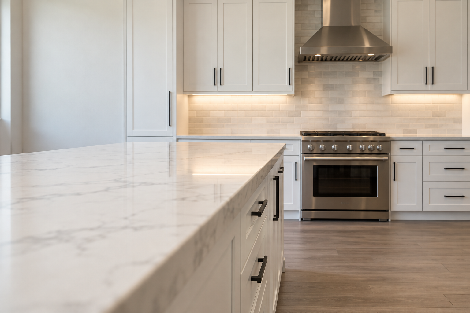 A finished kitchen installed by Half Price Cabinets, looking down the quartz countertop to the tile backsplash and new cabinets