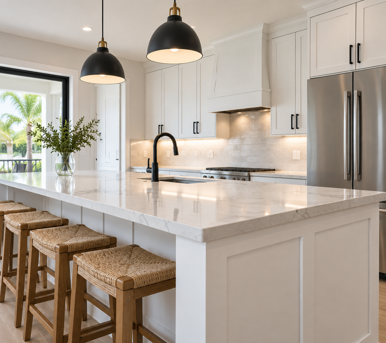 White shaker cabinets with a white quartz island and a tile backsplash