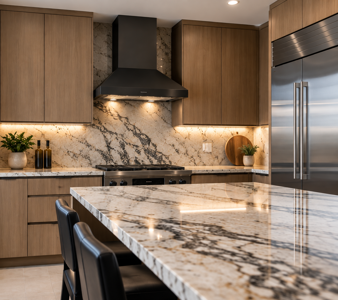 Wood-grain flat panel cabinets with a heavily veined natural stone island and backsplash
