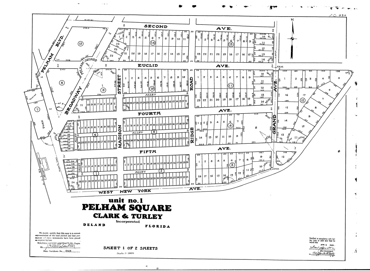 The original 1926 Pelham Square plat map by Clark and Turley, showing blocks of narrow lots, a park, Euclid Avenue and Grand Avenue