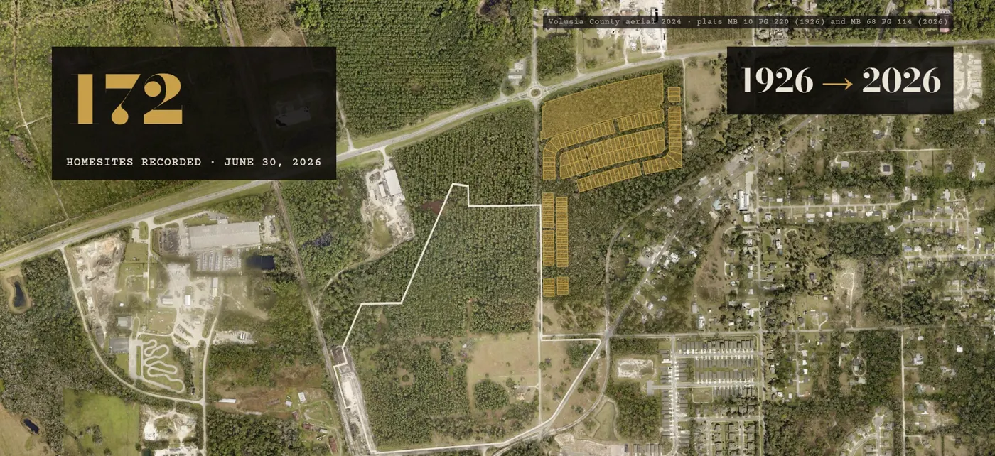 2024 Volusia County aerial photo of the Pelham Square land, with the first 172 recorded homesites outlined in gold