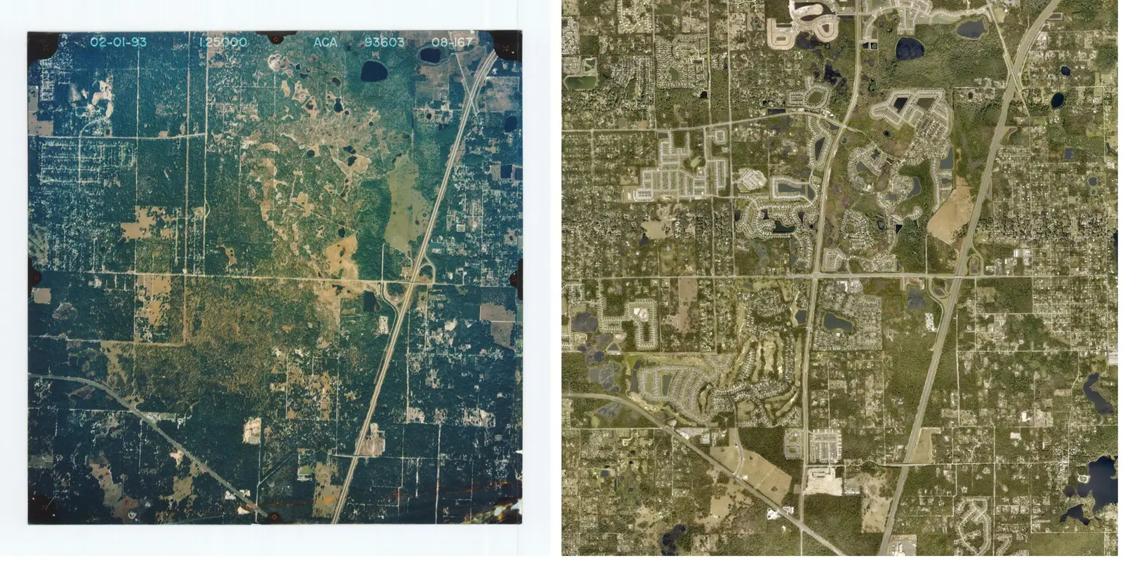 Volusia County aerial photos of the Victoria Park land in DeLand, FL: scrub, woods and pasture beside I-4 in 1993, and the same ground covered with neighborhoods, ponds and a golf course in 2024